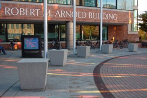 Light reflects through the sculpture outside the campus where Sage is based