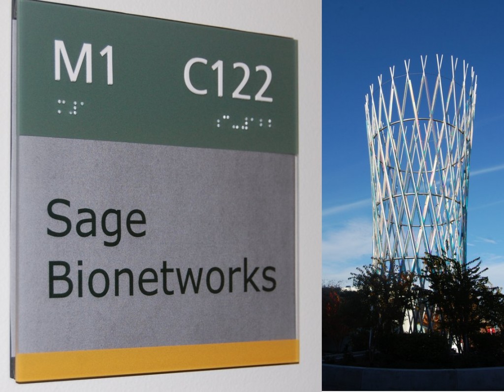 Sage Bionetworks name plate and sculpture near Sage HQ.